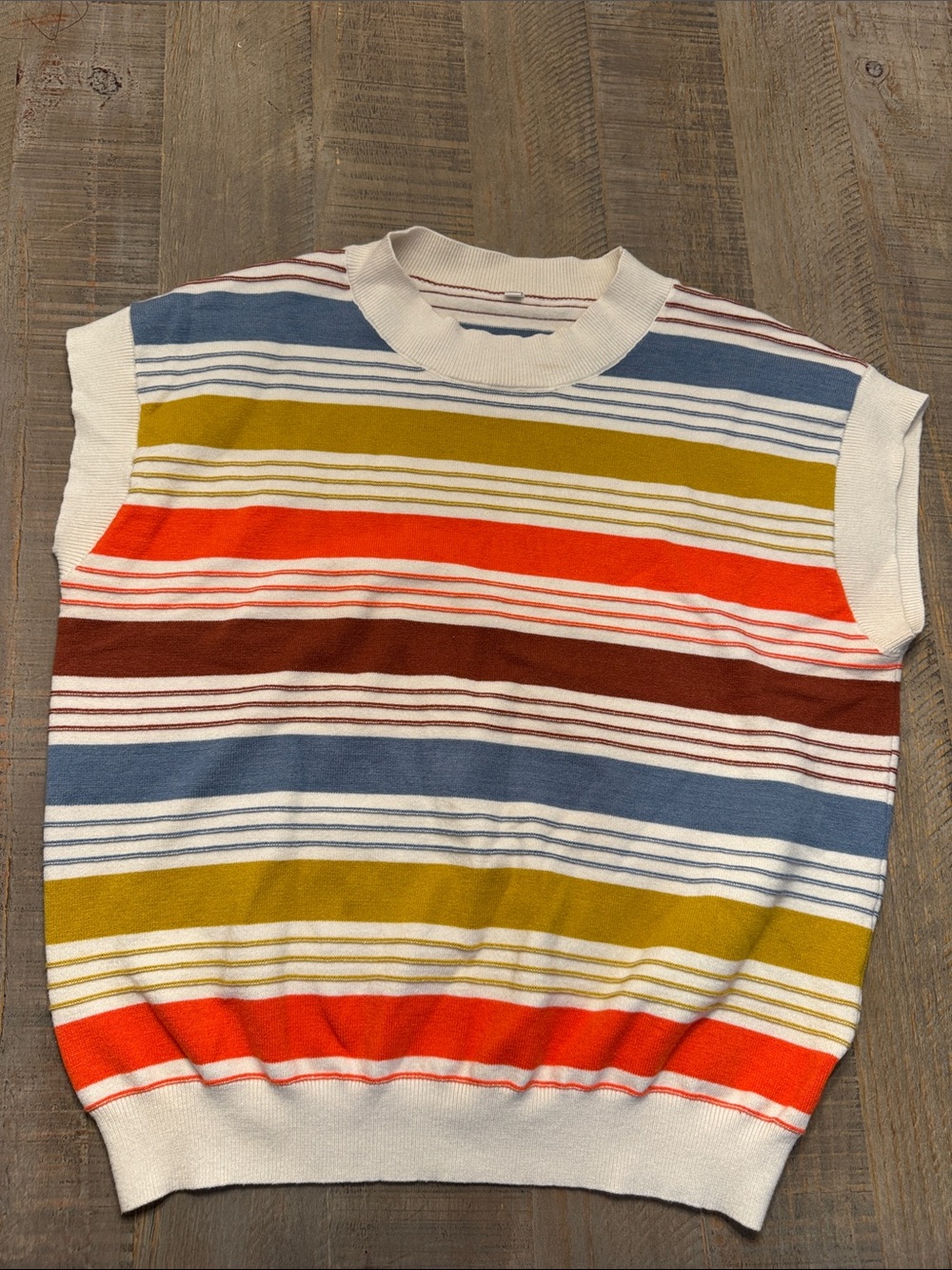 Cream Multi-Stripe Knit Sweater Vest with Blue, Mustard & Orange Stripes
